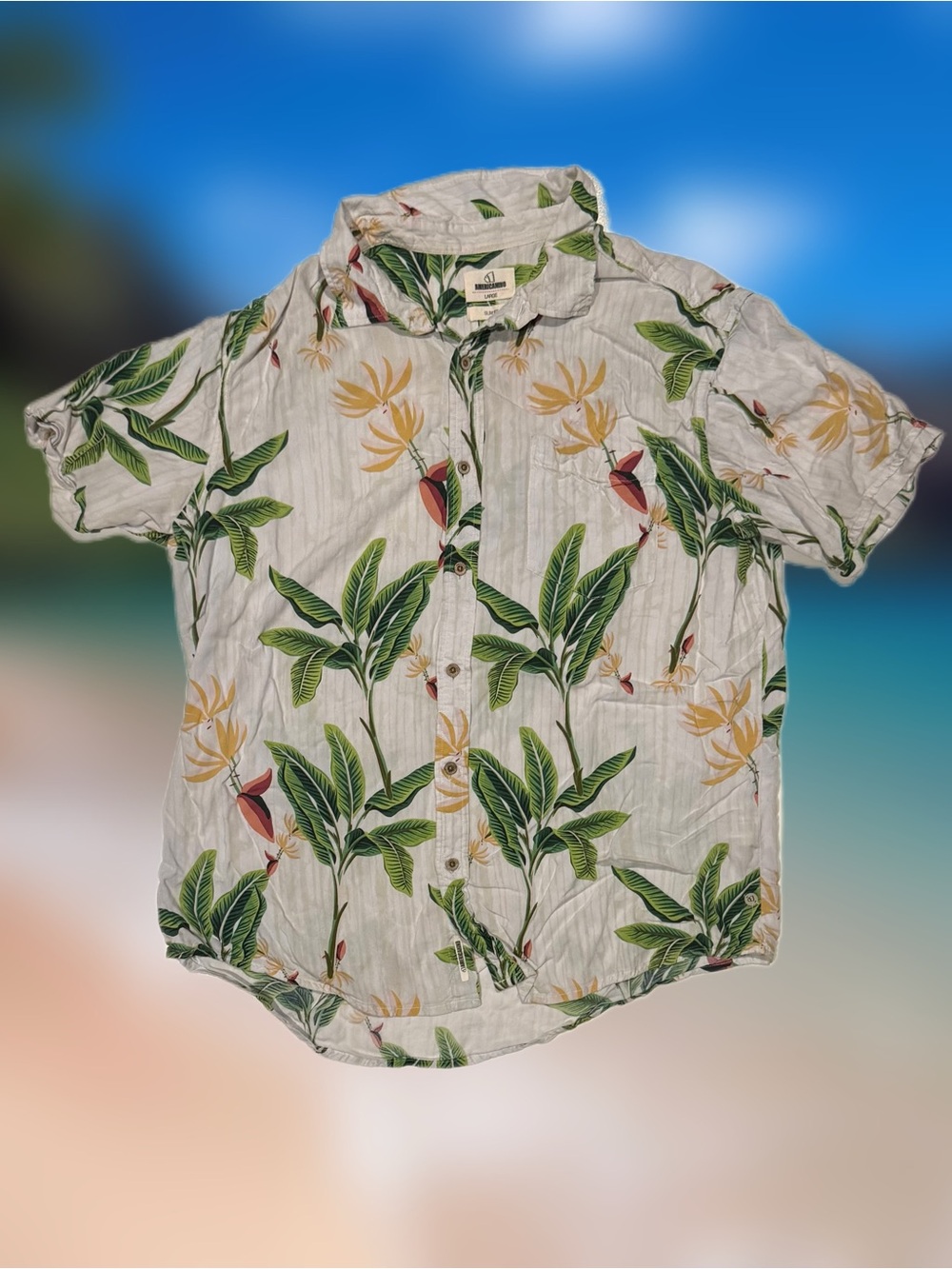 Americanino Men’s Size Large Beige Tropical Button-Up Short Sleeve Slim Fit